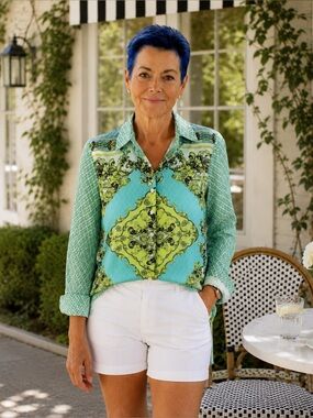 A Byer Aqua Turquoise Scroll Print Blouse Semi Sheer Button Front L